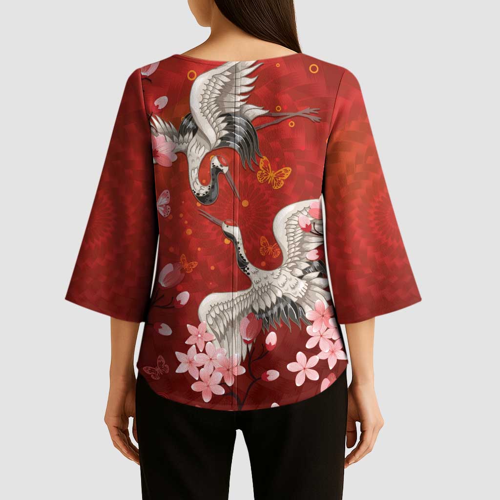 Hawaii Japan Cranes Sakura Flower Red Kimono Sleeve Blouse Japan Heritage Spirit - Polynesian Pride