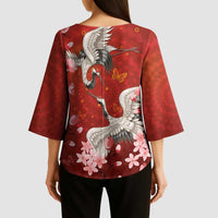 Hawaii Japan Cranes Sakura Flower Red Kimono Sleeve Blouse Japan Heritage Spirit - Polynesian Pride