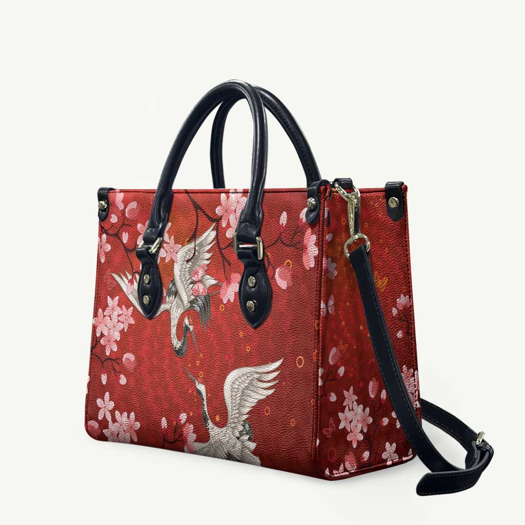 Hawaii Japan Cranes Sakura Flower Red Leather Bag Japan Heritage Spirit - Polynesian Pride