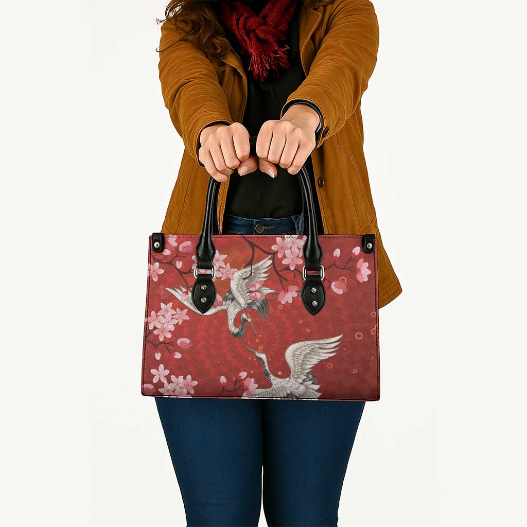 Hawaii Japan Cranes Sakura Flower Red Leather Bag Japan Heritage Spirit - Polynesian Pride