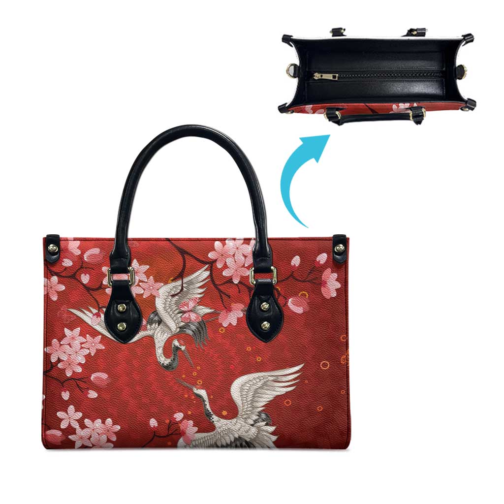 Hawaii Japan Cranes Sakura Flower Red Leather Bag Japan Heritage Spirit - Polynesian Pride