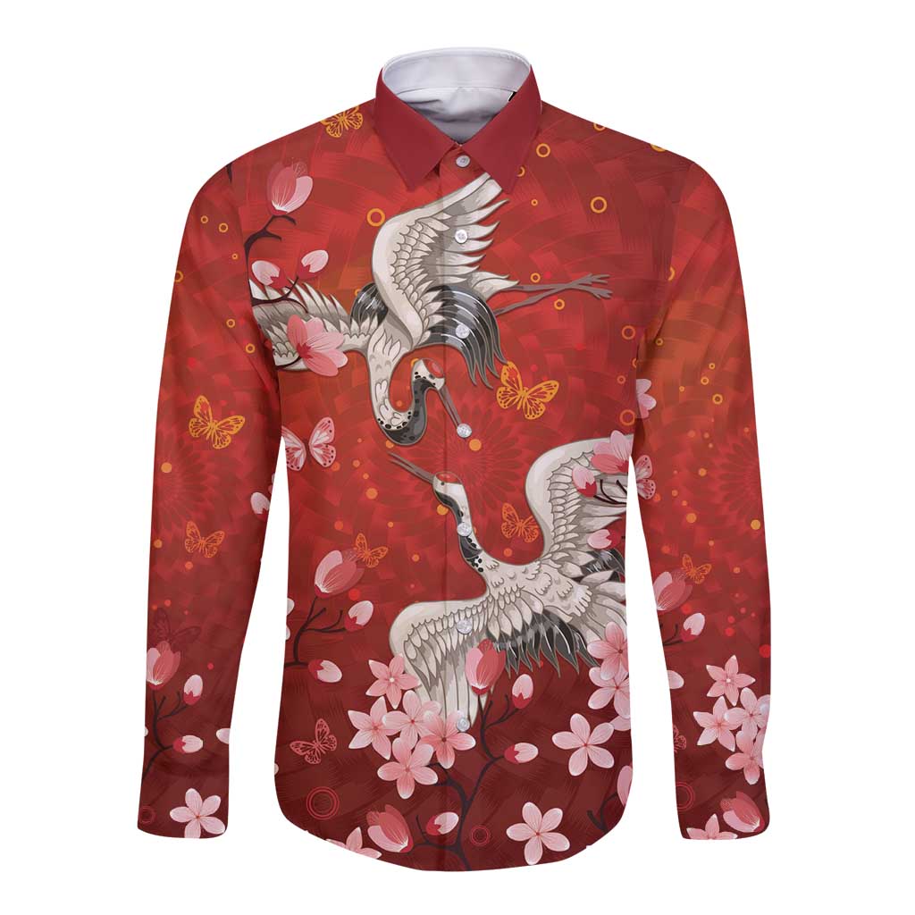 Hawaii Japan Cranes Sakura Flower Red Long Sleeve Button Shirt Japan Heritage Spirit - Polynesian Pride