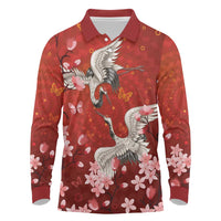 Hawaii Japan Cranes Sakura Flower Red Long Sleeve Polo Shirt Japan Heritage Spirit - Polynesian Pride
