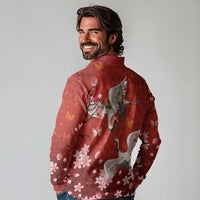Hawaii Japan Cranes Sakura Flower Red Long Sleeve Polo Shirt Japan Heritage Spirit - Polynesian Pride