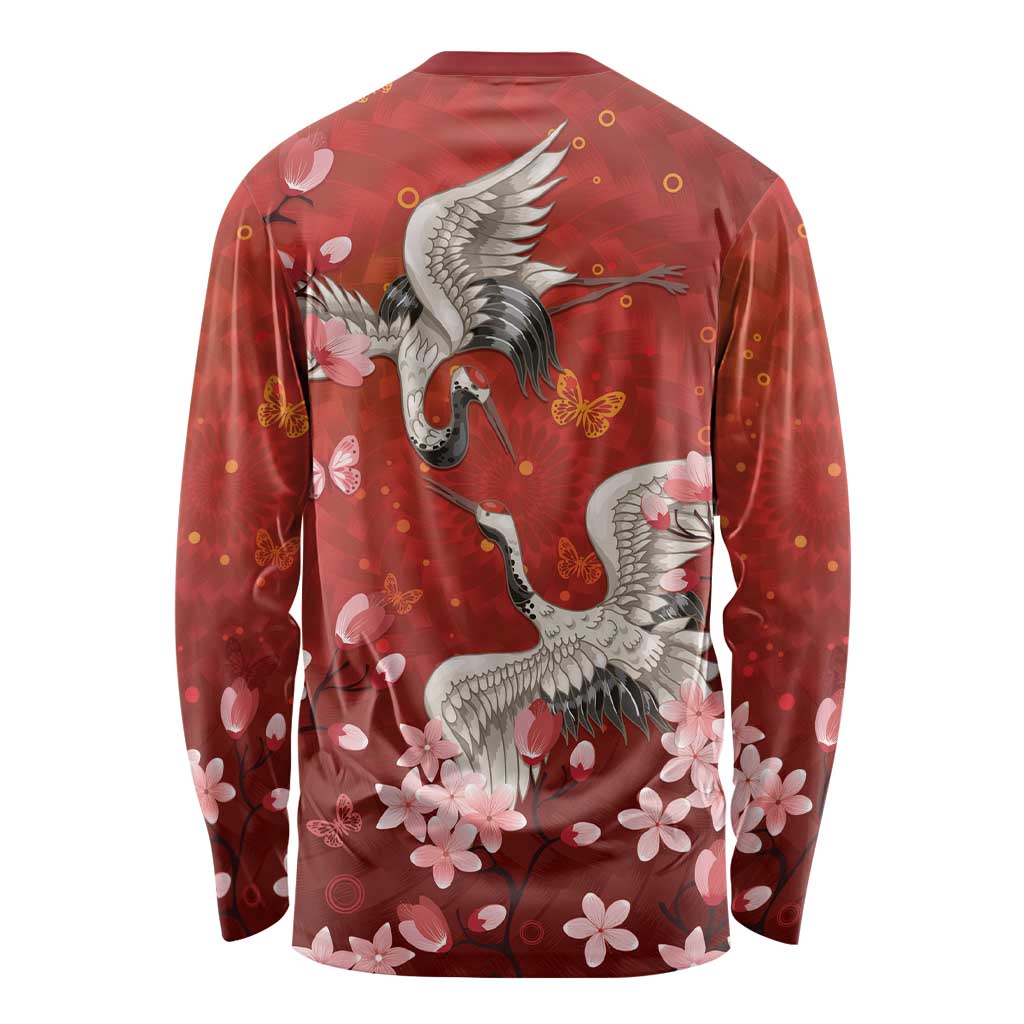 Hawaii Japan Cranes Sakura Flower Red Long Sleeve Shirt Japan Heritage Spirit - Polynesian Pride