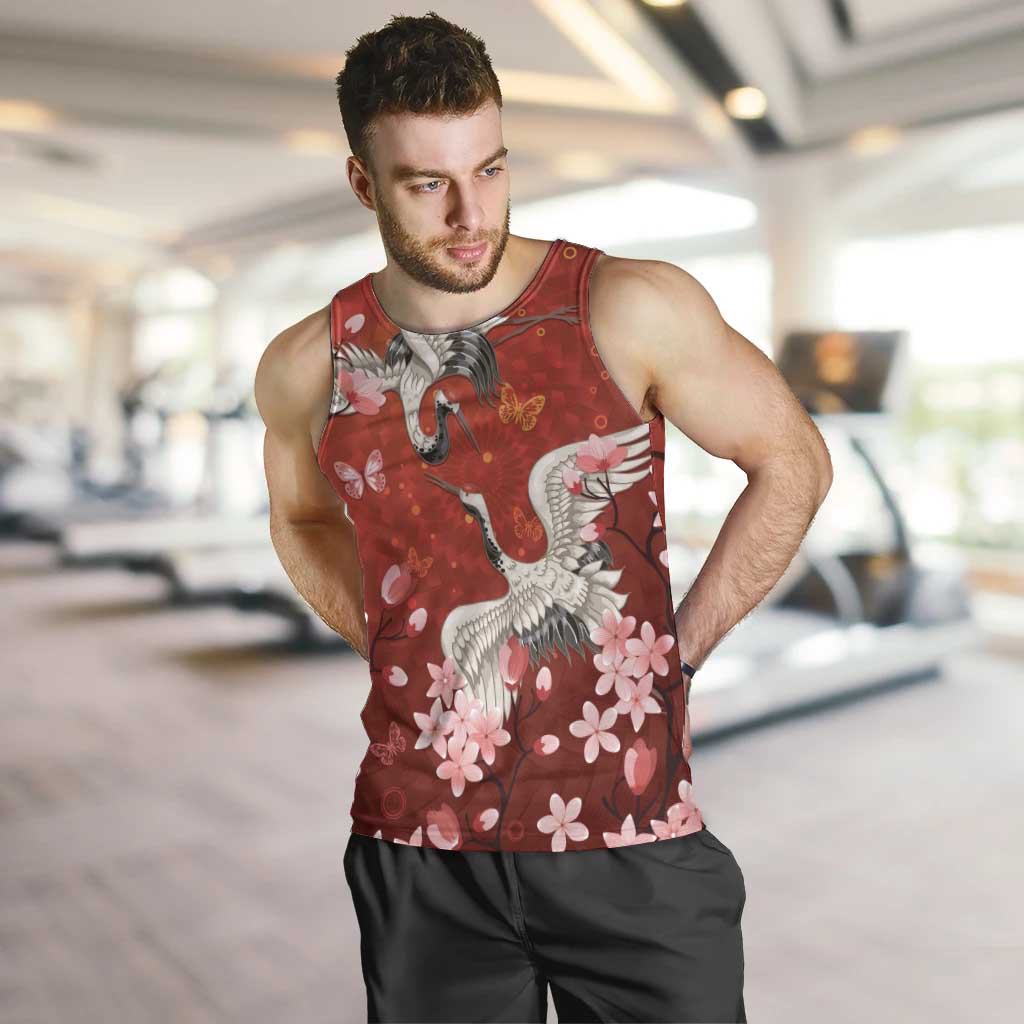 Hawaii Japan Cranes Sakura Flower Red Men Tank Top Japan Heritage Spirit - Polynesian Pride