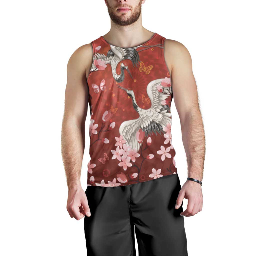 Hawaii Japan Cranes Sakura Flower Red Men Tank Top Japan Heritage Spirit - Polynesian Pride