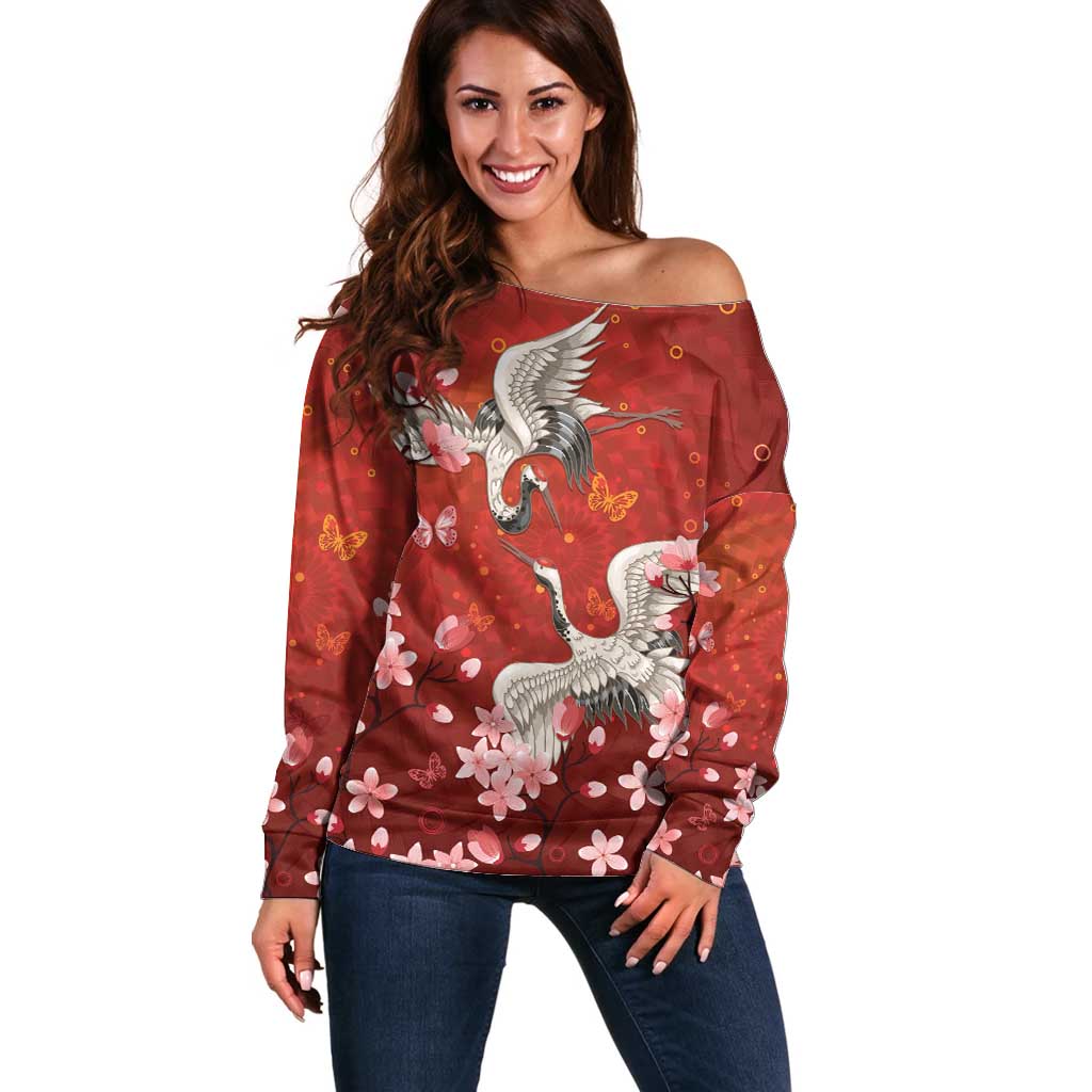 Hawaii Japan Cranes Sakura Flower Red Off Shoulder Sweater Japan Heritage Spirit - Polynesian Pride