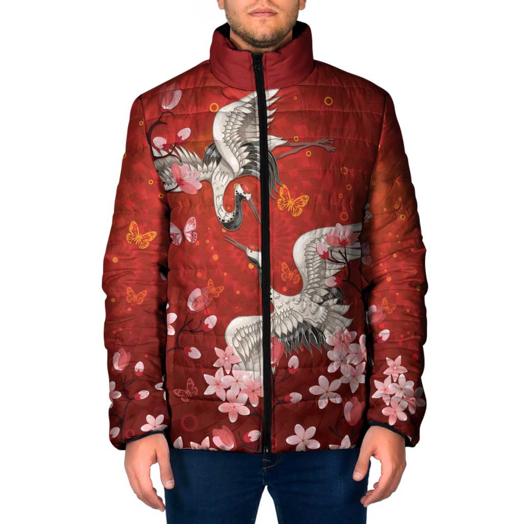 Hawaii Japan Cranes Sakura Flower Red Padded Jacket Japan Heritage Spirit - Polynesian Pride