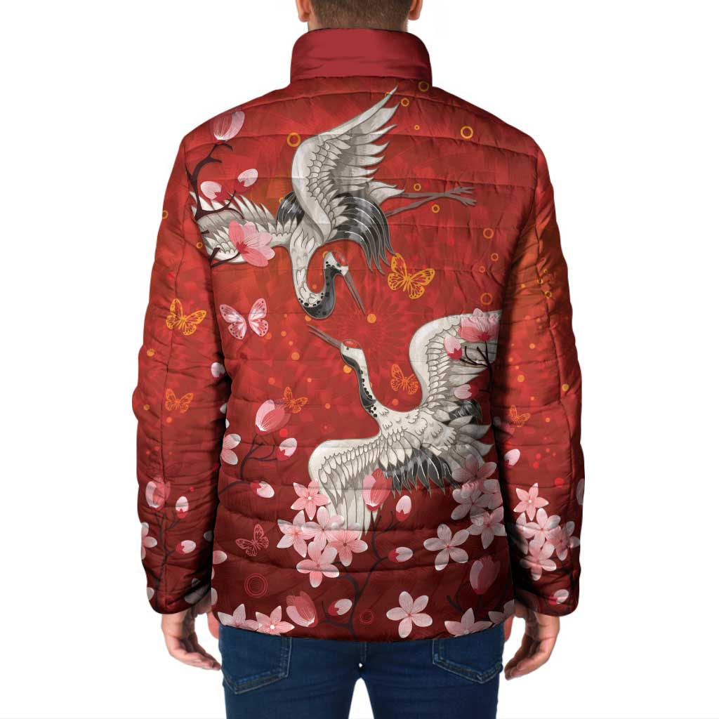 Hawaii Japan Cranes Sakura Flower Red Padded Jacket Japan Heritage Spirit - Polynesian Pride