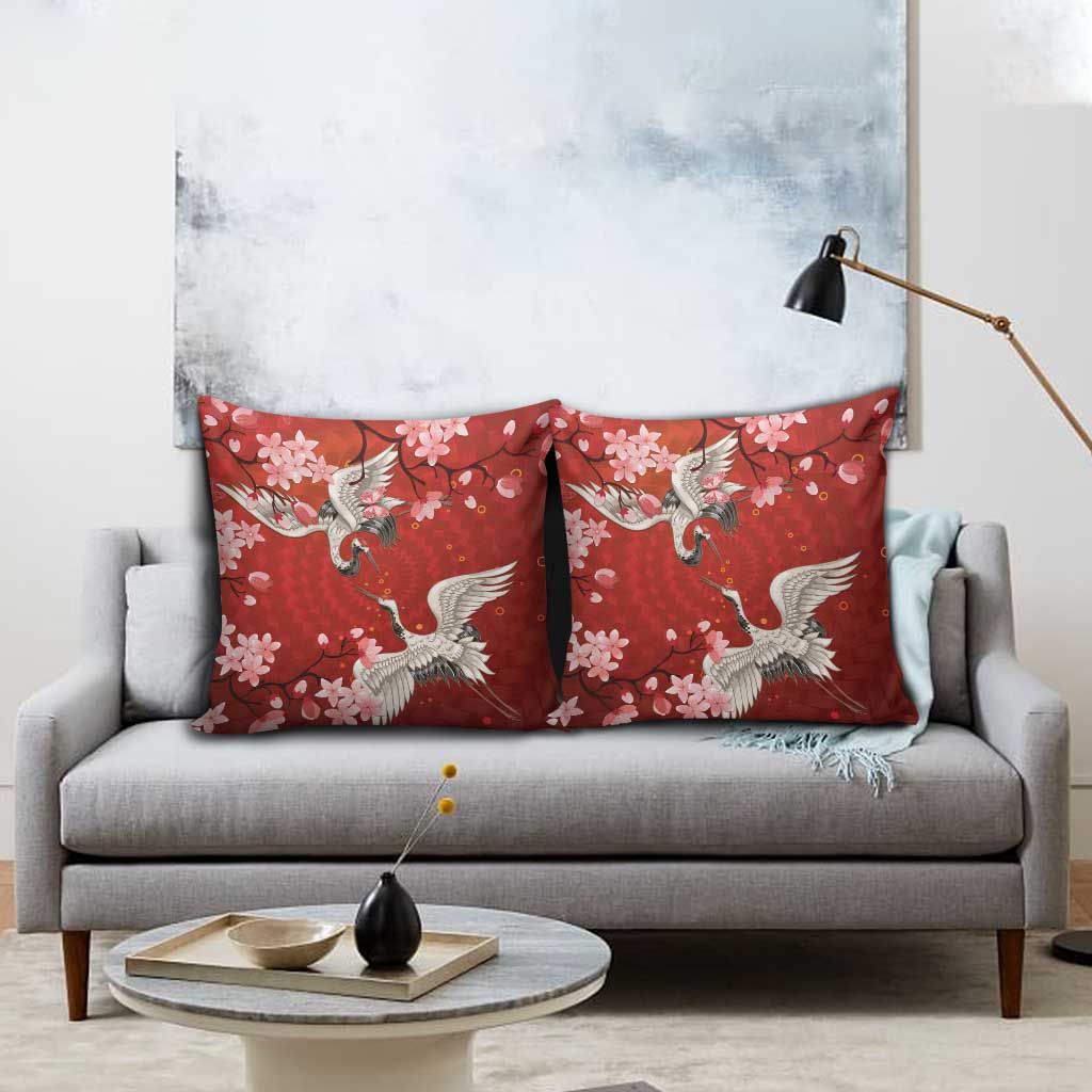 Hawaii Japan Cranes Sakura Flower Red Pillow Cover Japan Heritage Spirit - Polynesian Pride