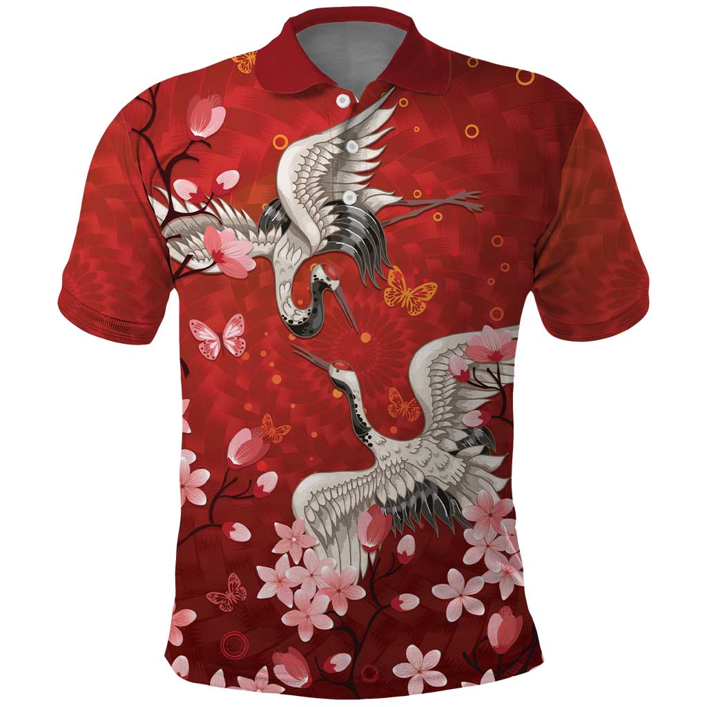 Hawaii Japan Cranes Sakura Flower Red Polo Shirt Japan Heritage Spirit - Polynesian Pride