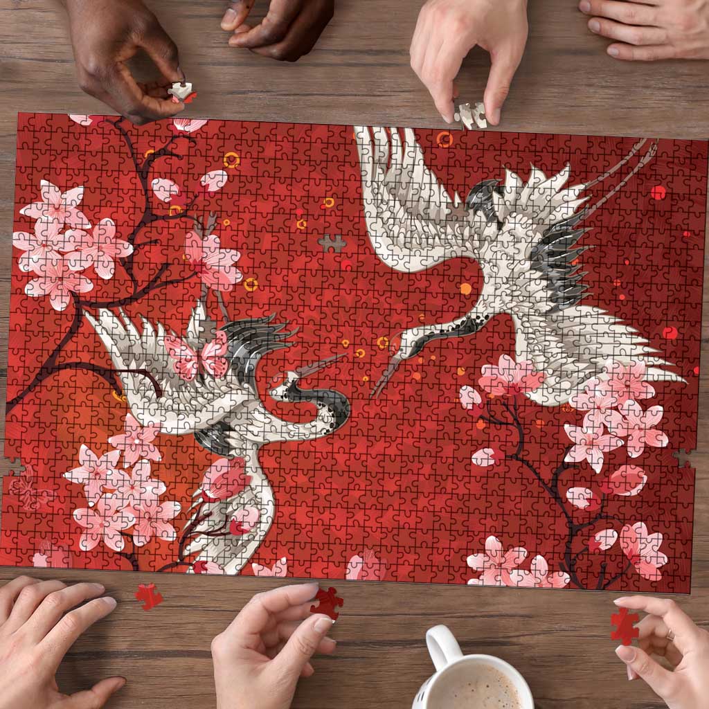 Hawaii Japan Cranes Sakura Flower Red Puzzle Japan Heritage Spirit - Polynesian Pride