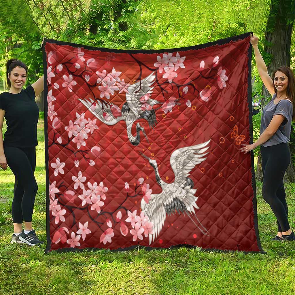 Hawaii Japan Cranes Sakura Flower Red Quilt Japan Heritage Spirit - Polynesian Pride