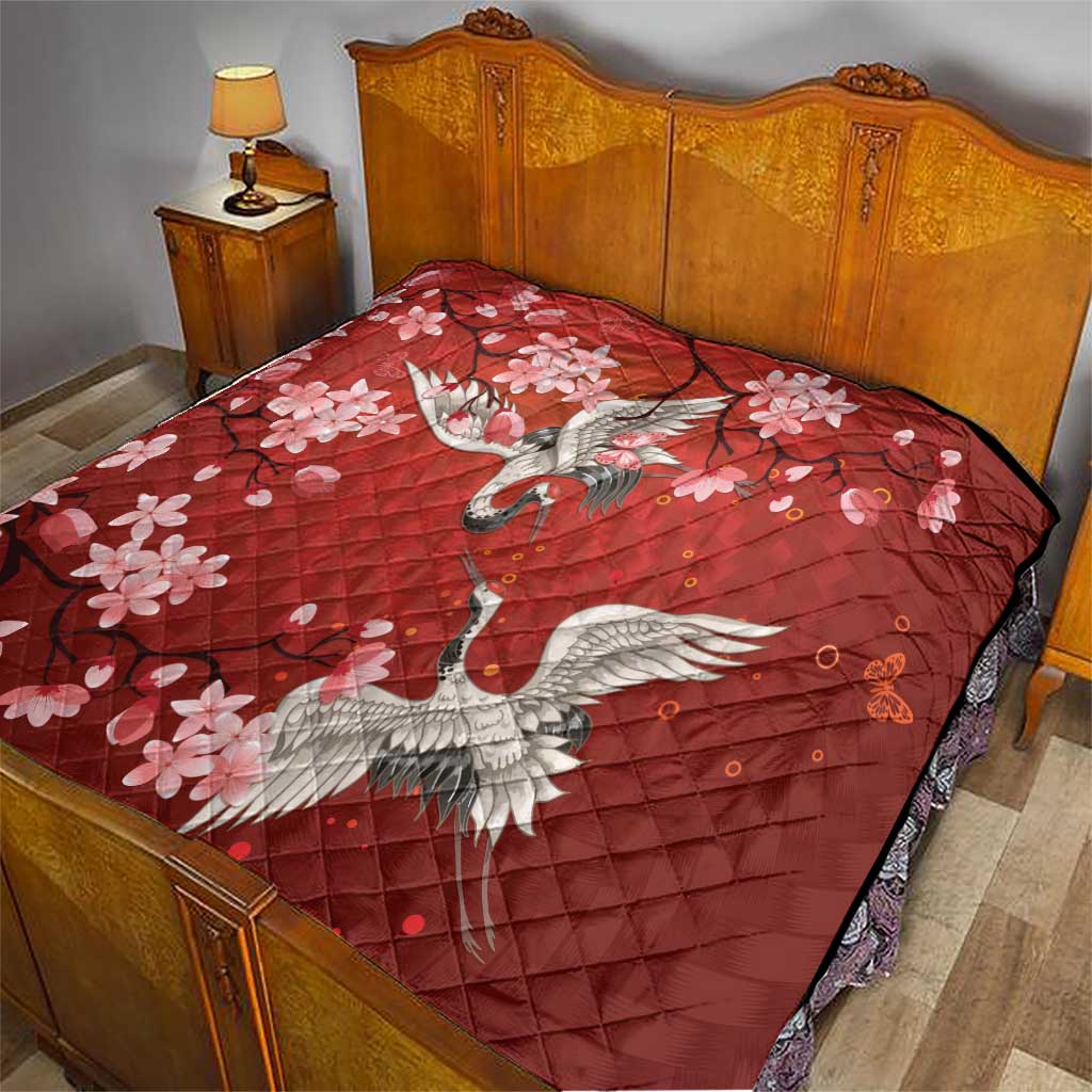 Hawaii Japan Cranes Sakura Flower Red Quilt Japan Heritage Spirit - Polynesian Pride
