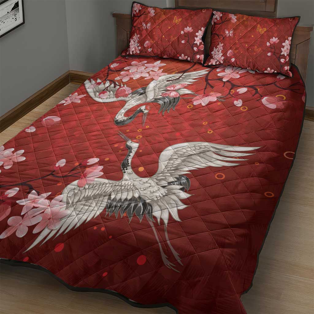 Hawaii Japan Cranes Sakura Flower Red Quilt Bed Set Japan Heritage Spirit - Polynesian Pride
