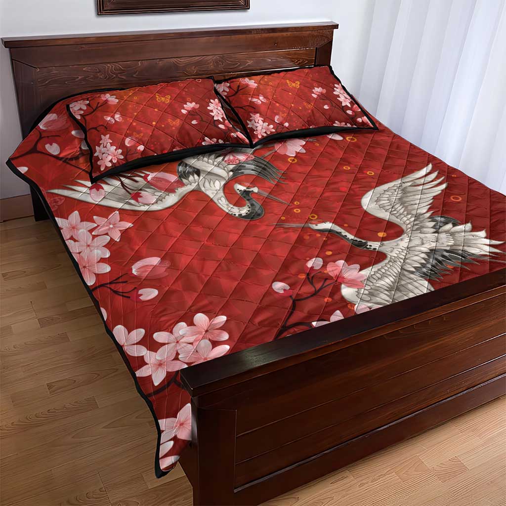 Hawaii Japan Cranes Sakura Flower Red Quilt Bed Set Japan Heritage Spirit - Polynesian Pride