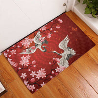 Hawaii Japan Cranes Sakura Flower Red Rubber Doormat Japan Heritage Spirit - Polynesian Pride