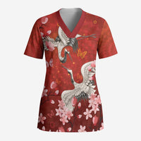 Hawaii Japan Cranes Sakura Flower Red Scrub Top Japan Heritage Spirit - Polynesian Pride