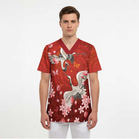 Hawaii Japan Cranes Sakura Flower Red Scrub Top Japan Heritage Spirit - Polynesian Pride