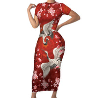 Hawaii Japan Cranes Sakura Flower Red Short Sleeve Bodycon Dress Japan Heritage Spirit - Polynesian Pride