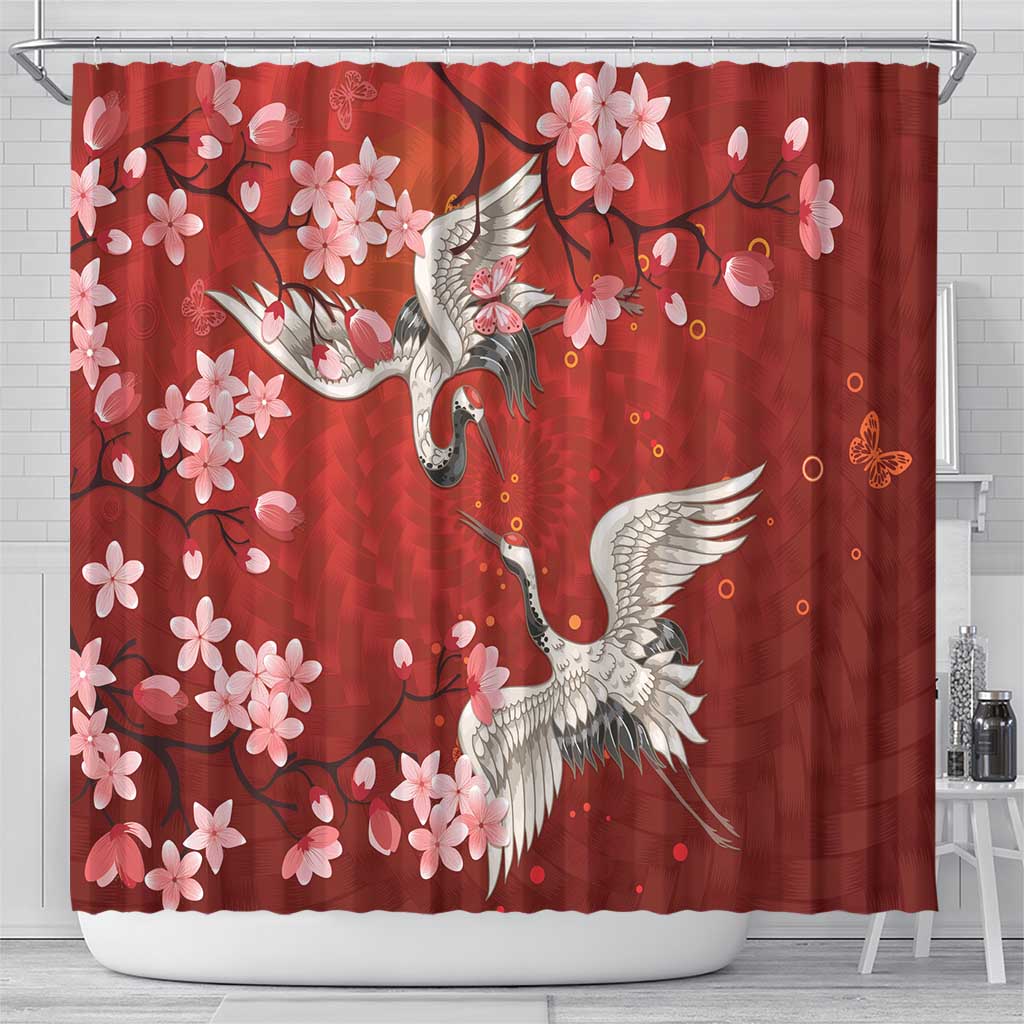 Hawaii Japan Cranes Sakura Flower Red Shower Curtain Japan Heritage Spirit - Polynesian Pride