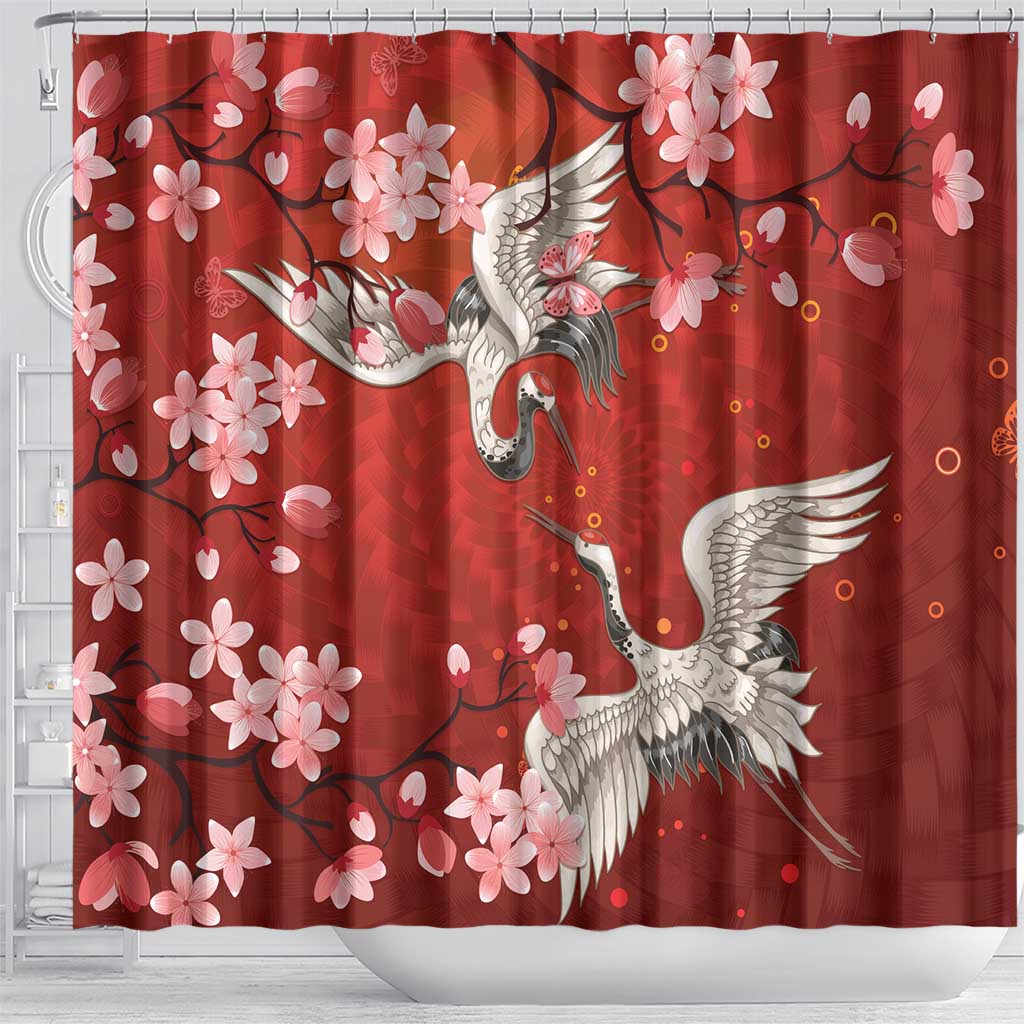 Hawaii Japan Cranes Sakura Flower Red Shower Curtain Japan Heritage Spirit - Polynesian Pride
