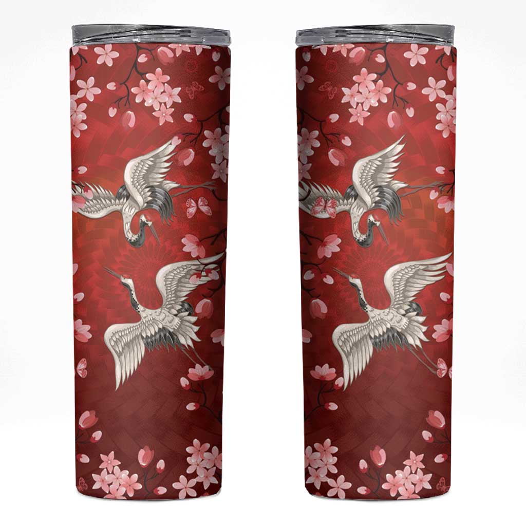 Hawaii Japan Cranes Sakura Flower Red Skinny Tumbler Japan Heritage Spirit - Polynesian Pride