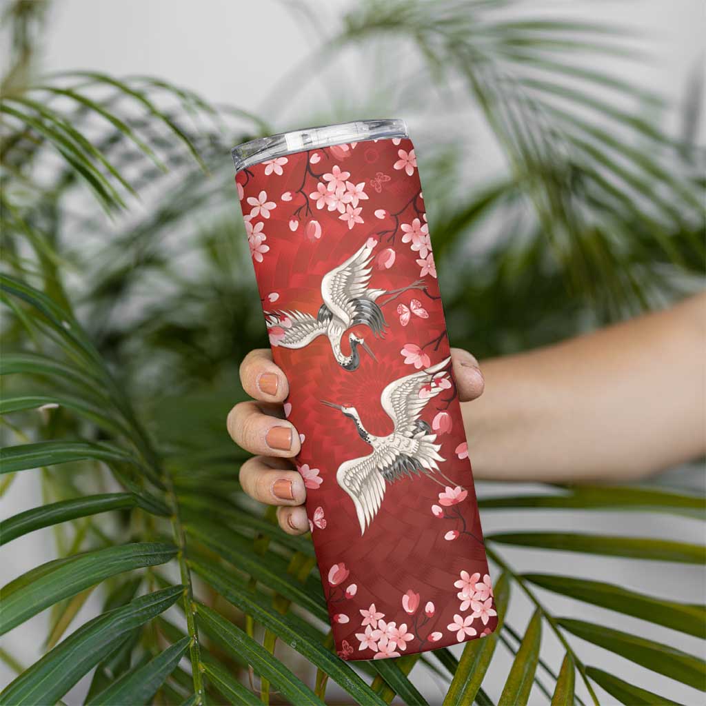 Hawaii Japan Cranes Sakura Flower Red Skinny Tumbler Japan Heritage Spirit - Polynesian Pride
