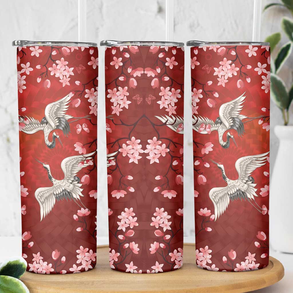 Hawaii Japan Cranes Sakura Flower Red Skinny Tumbler Japan Heritage Spirit - Polynesian Pride
