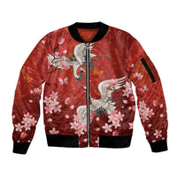 Hawaii Japan Cranes Sakura Flower Red Sleeve Zip Bomber Jacket Japan Heritage Spirit - Polynesian Pride