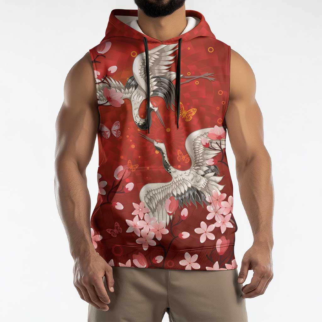 Hawaii Japan Cranes Sakura Flower Red Sleeveless Hoodie Japan Heritage Spirit - Polynesian Pride
