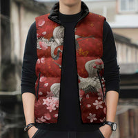Hawaii Japan Cranes Sakura Flower Red Sleeveless Puffer Jacket Japan Heritage Spirit - Polynesian Pride