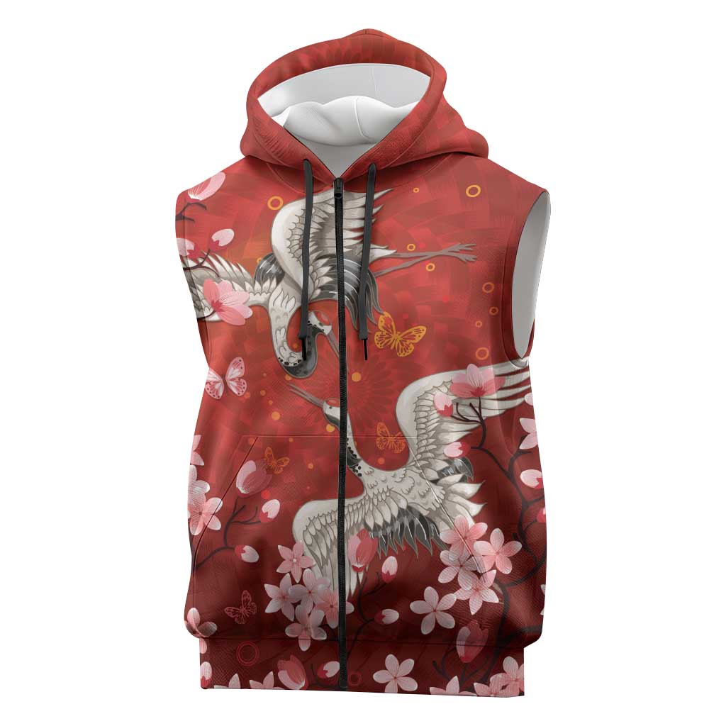 Hawaii Japan Cranes Sakura Flower Red Sleeveless Zip Hoodie Japan Heritage Spirit - Polynesian Pride