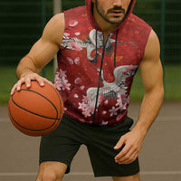Hawaii Japan Cranes Sakura Flower Red Sleeveless Zip Hoodie Japan Heritage Spirit - Polynesian Pride