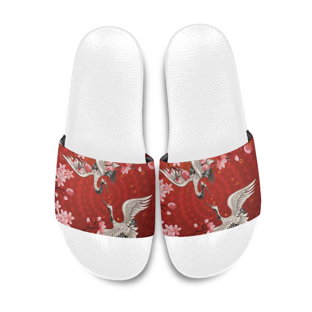 Hawaii Japan Cranes Sakura Flower Red Slide Sandals Japan Heritage Spirit - Polynesian Pride
