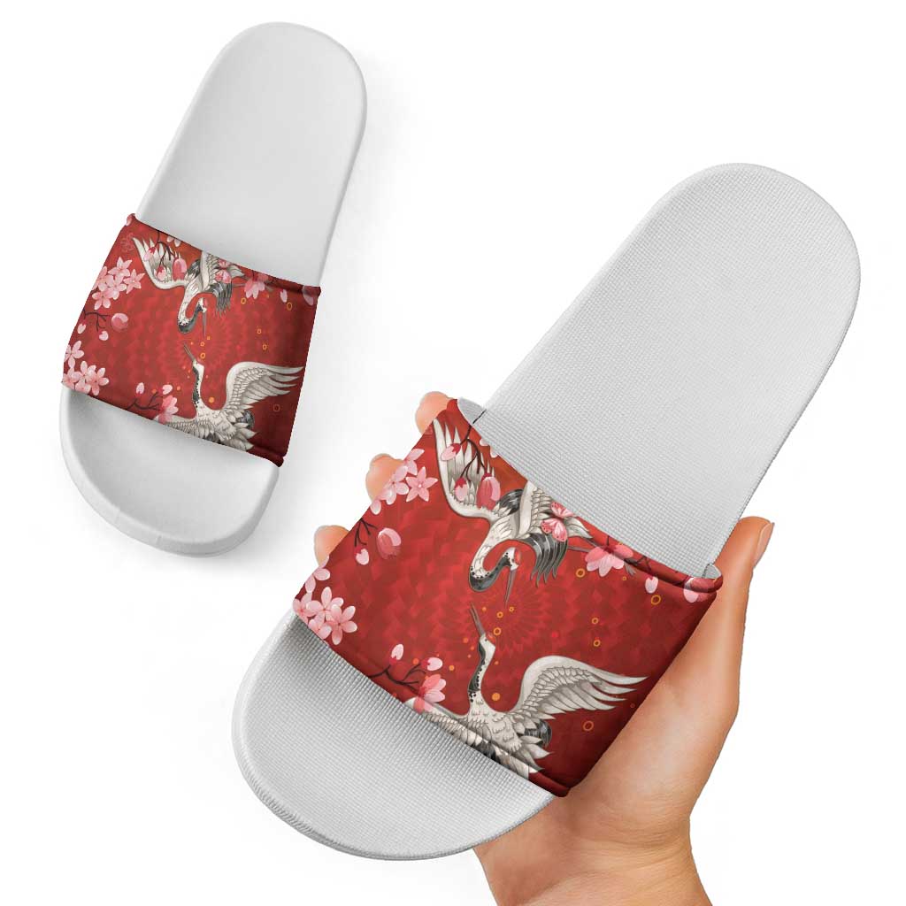 Hawaii Japan Cranes Sakura Flower Red Slide Sandals Japan Heritage Spirit - Polynesian Pride