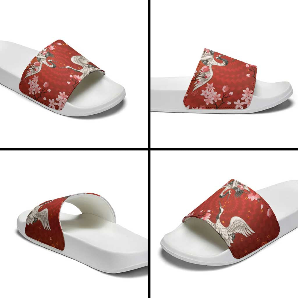 Hawaii Japan Cranes Sakura Flower Red Slide Sandals Japan Heritage Spirit - Polynesian Pride