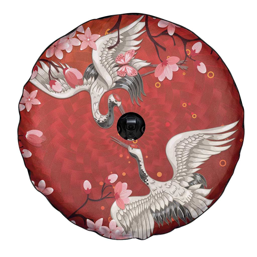Hawaii Japan Cranes Sakura Flower Red Spare Tire Cover Japan Heritage Spirit - Polynesian Pride