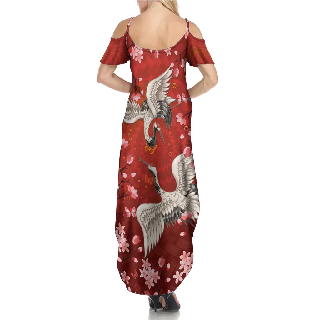 Hawaii Japan Cranes Sakura Flower Red Summer Maxi Dress Japan Heritage Spirit - Polynesian Pride