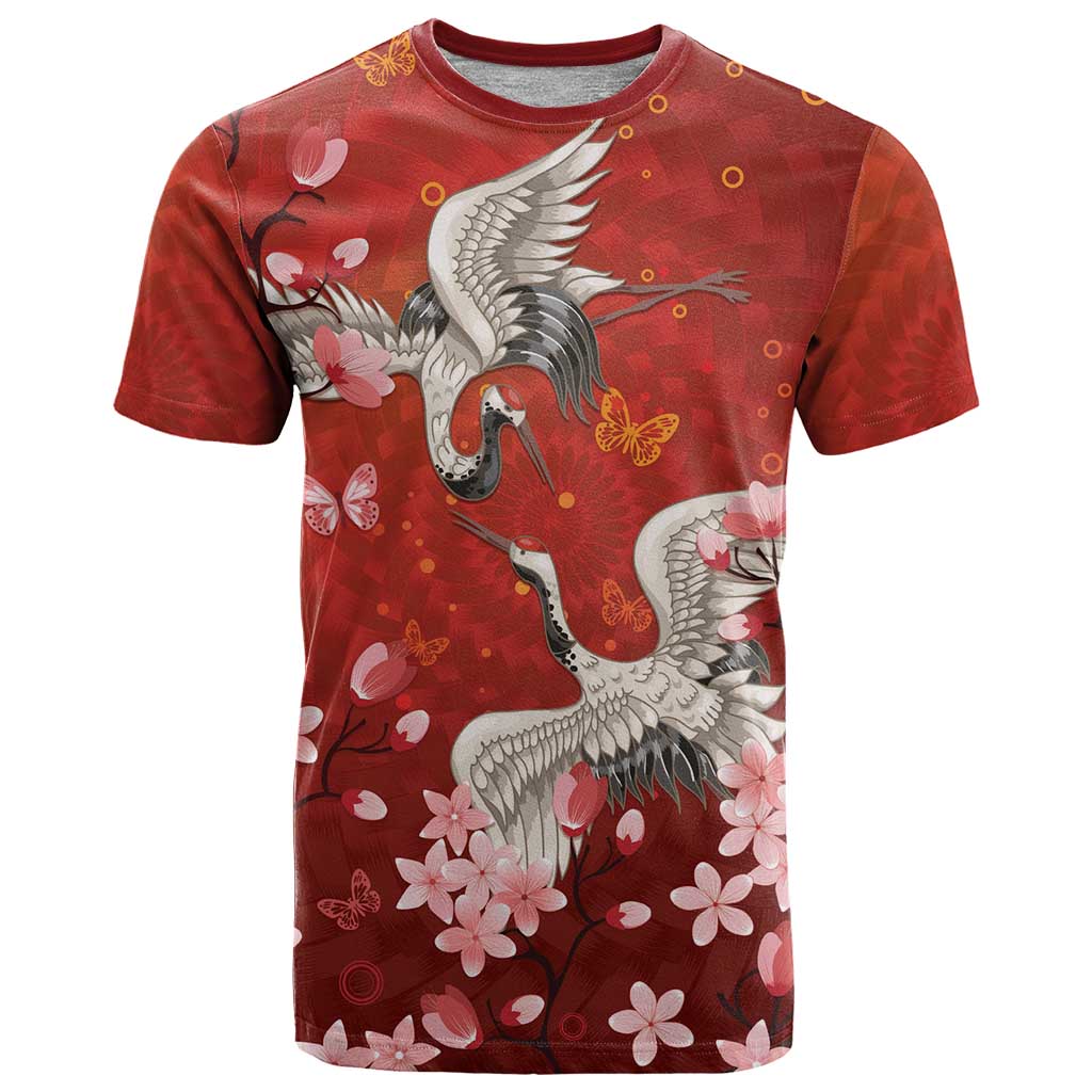 Hawaii Japan Cranes Sakura Flower Red T Shirt Japan Heritage Spirit - Polynesian Pride