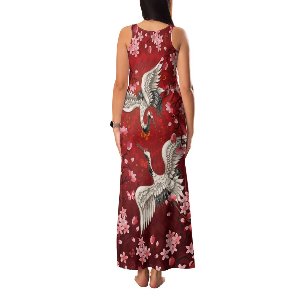 Hawaii Japan Cranes Sakura Flower Red Tank Maxi Dress Japan Heritage Spirit - Polynesian Pride