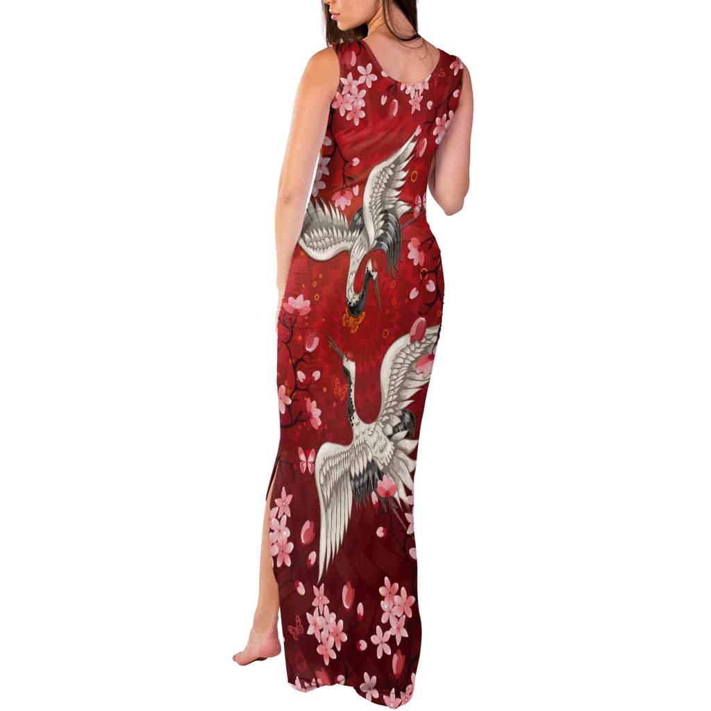 Hawaii Japan Cranes Sakura Flower Red Tank Maxi Dress Japan Heritage Spirit - Polynesian Pride