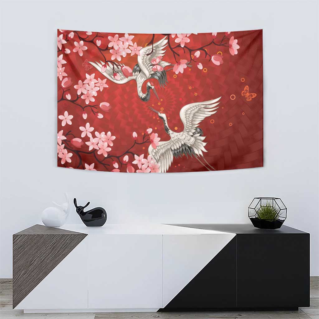 Hawaii Japan Cranes Sakura Flower Red Tapestry Japan Heritage Spirit - Polynesian Pride
