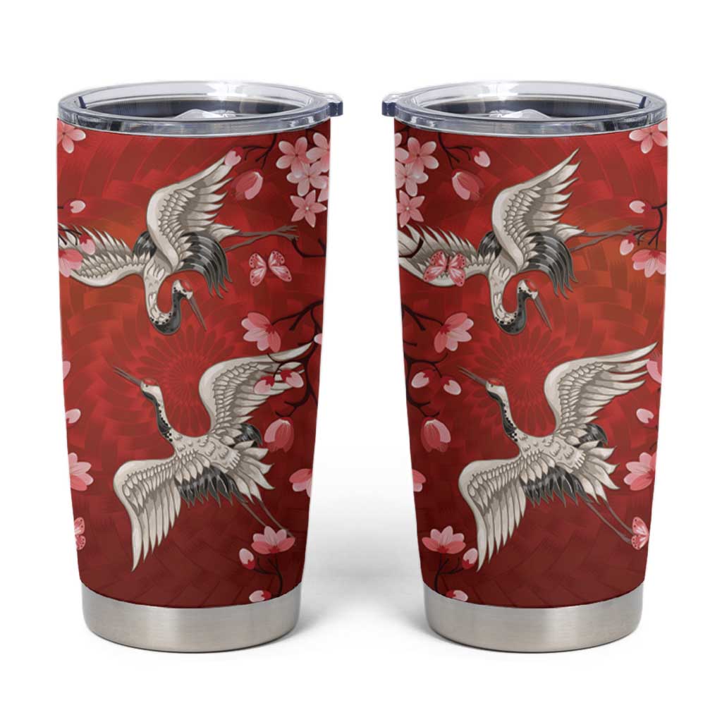 Hawaii Japan Cranes Sakura Flower Red Tumbler Cup Japan Heritage Spirit - Polynesian Pride