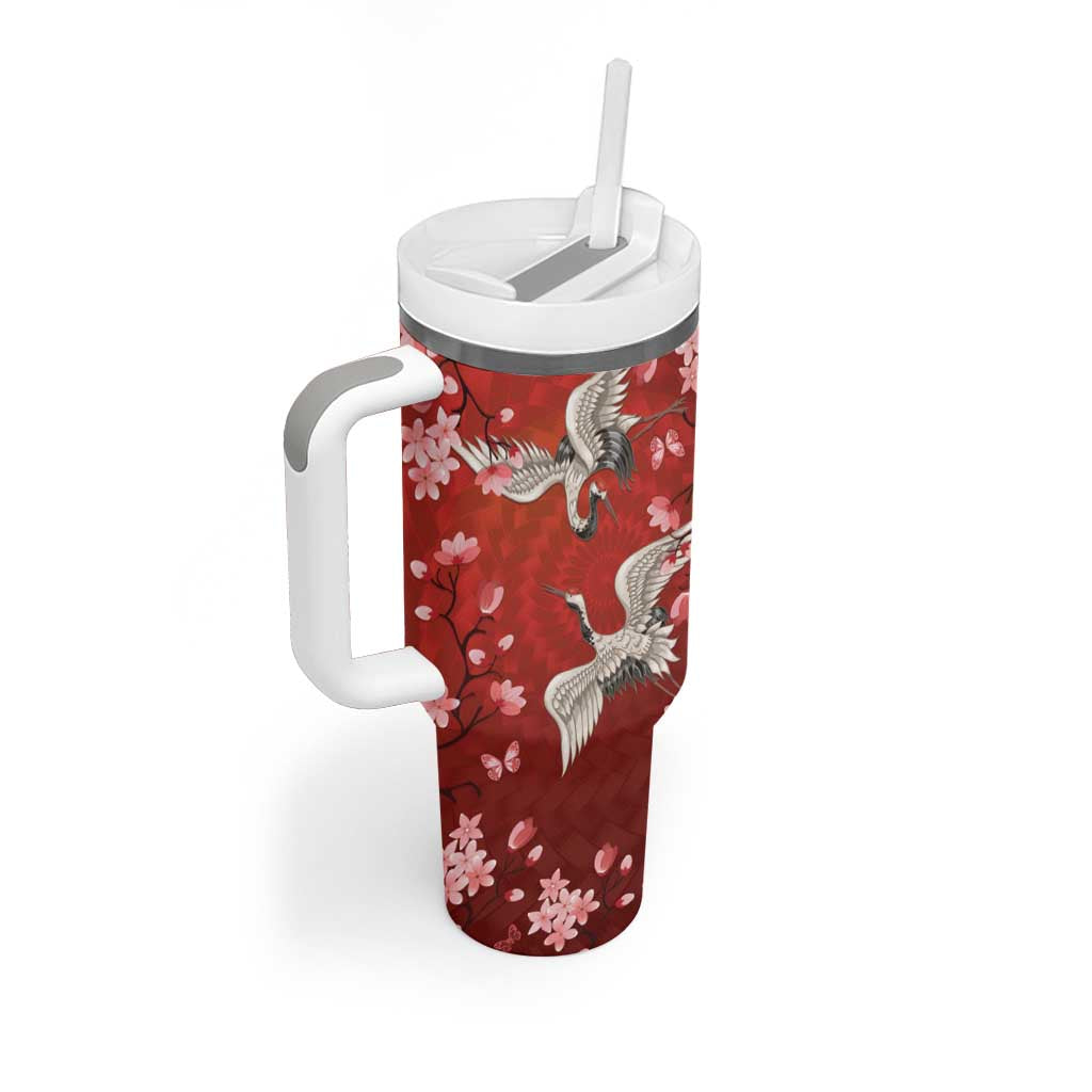Hawaii Japan Cranes Sakura Flower Red Tumbler With Handle Japan Heritage Spirit - Polynesian Pride