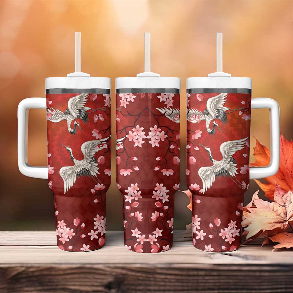 Hawaii Japan Cranes Sakura Flower Red Tumbler With Handle Japan Heritage Spirit - Polynesian Pride