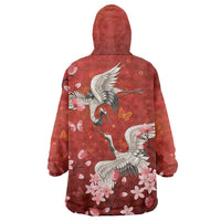 Hawaii Japan Cranes Sakura Flower Red Wearable Blanket Hoodie Japan Heritage Spirit - Polynesian Pride