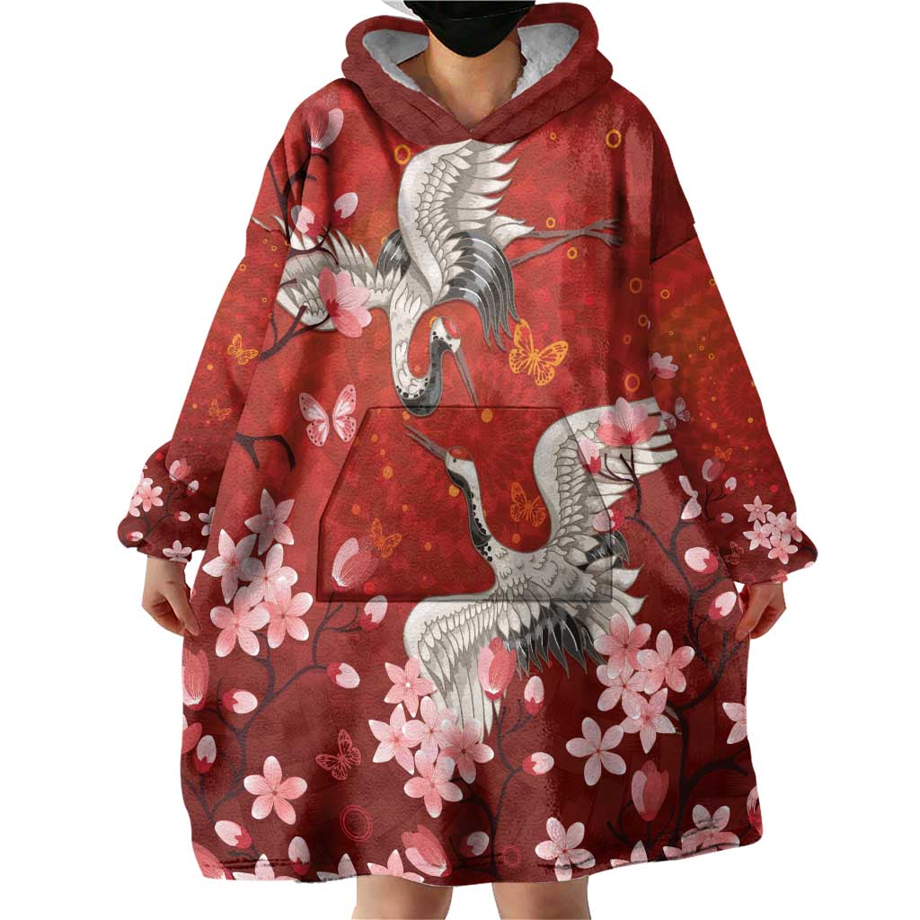 Hawaii Japan Cranes Sakura Flower Red Wearable Blanket Hoodie Japan Heritage Spirit - Polynesian Pride