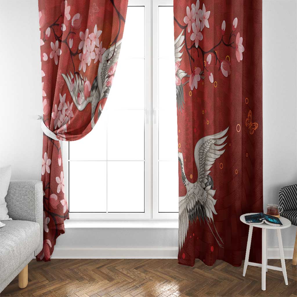 Hawaii Japan Cranes Sakura Flower Red Window Curtain Japan Heritage Spirit - Polynesian Pride